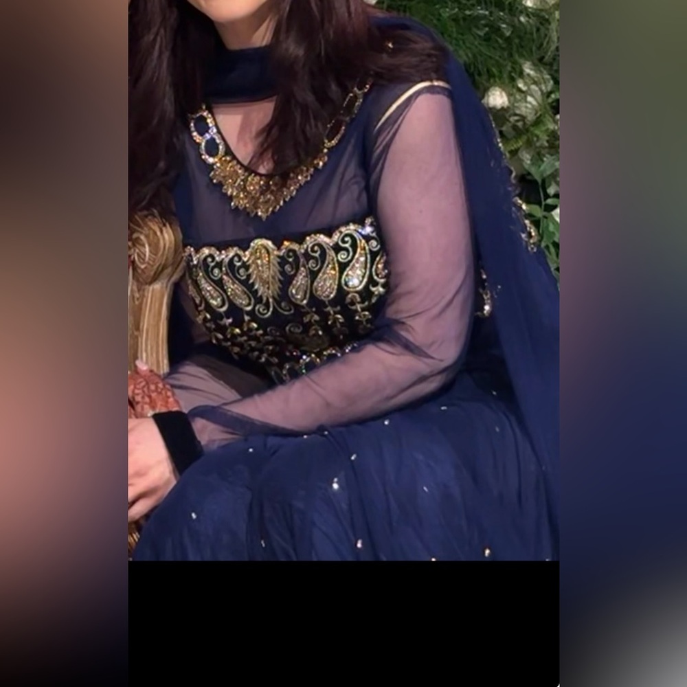 Embellished Navy Sheer Sleeve Evening Dress - Anarkali lehenga